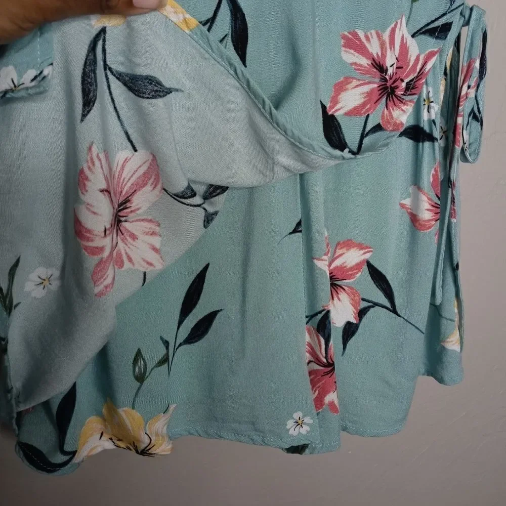 Tobi Floral Romper with Faux Wrap Skirt Side Tie